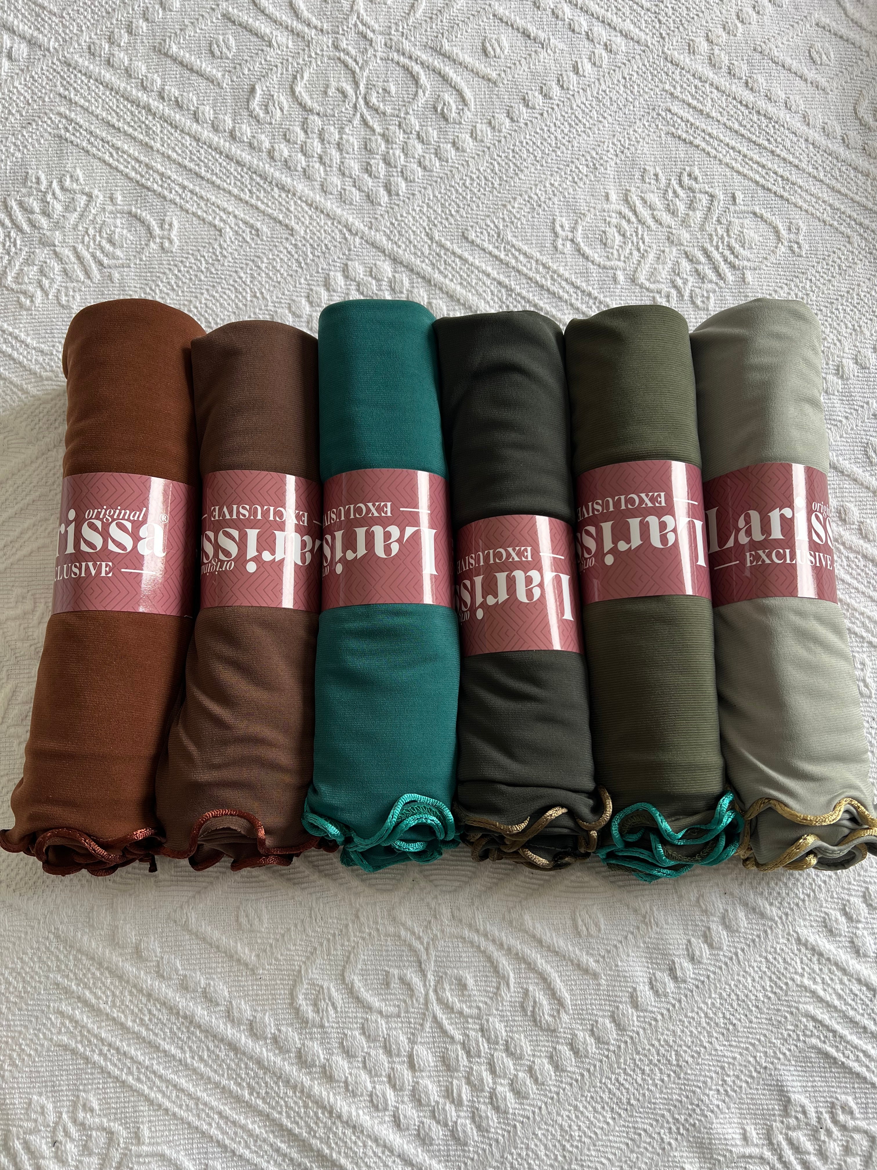 HIJAB JERSEY PREMIUM LISERÉ SATIN : LES VERTS ET MARRON
